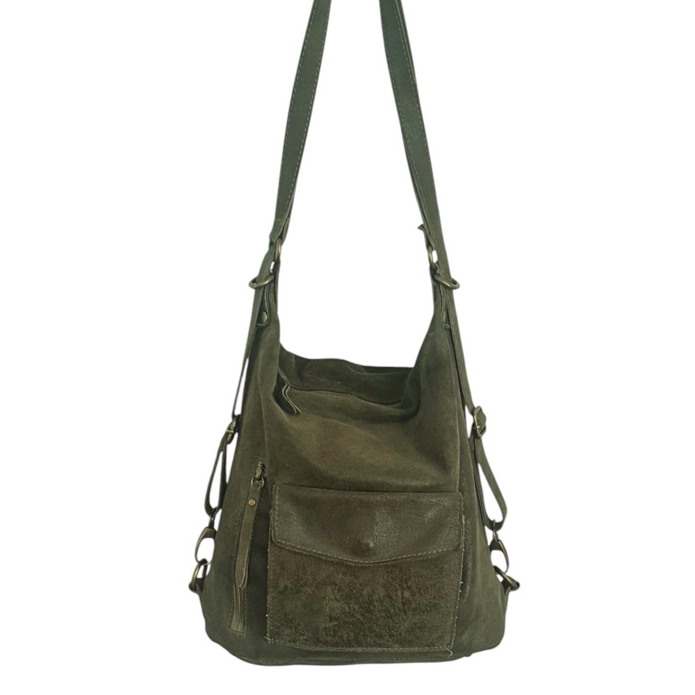 Vera Peile Italian Convertible Shoulder Bag/ Backpack Leather Suede Olive